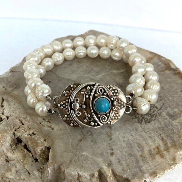 Sterling Silver 925 Two Strand Baroque Pearl Turquoise Bali Clasp Bracelet - Picture 3 of 16